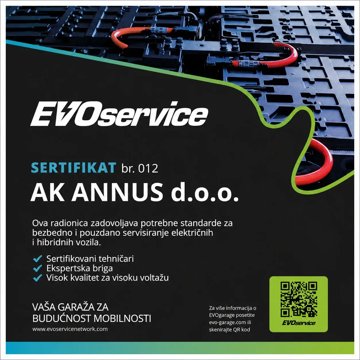 EVOservice sertifikat za servis električnih i hibridnih vozila — AK Annus